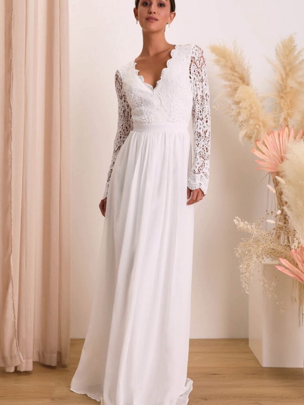 Lulu’s Ivory Lace Open Back Maxi Wedding Long Sleeve Boho Bridal Size M NWT
